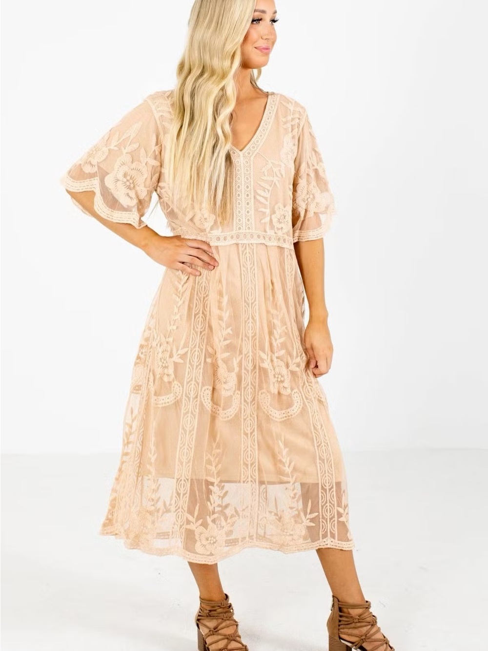 Bella Ella Boho Lace Midi Dress in Nude Blush